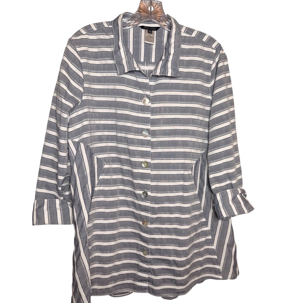 John Mark Button Down Shirt Womens Large Blue White Striped Cotton Blend Casual